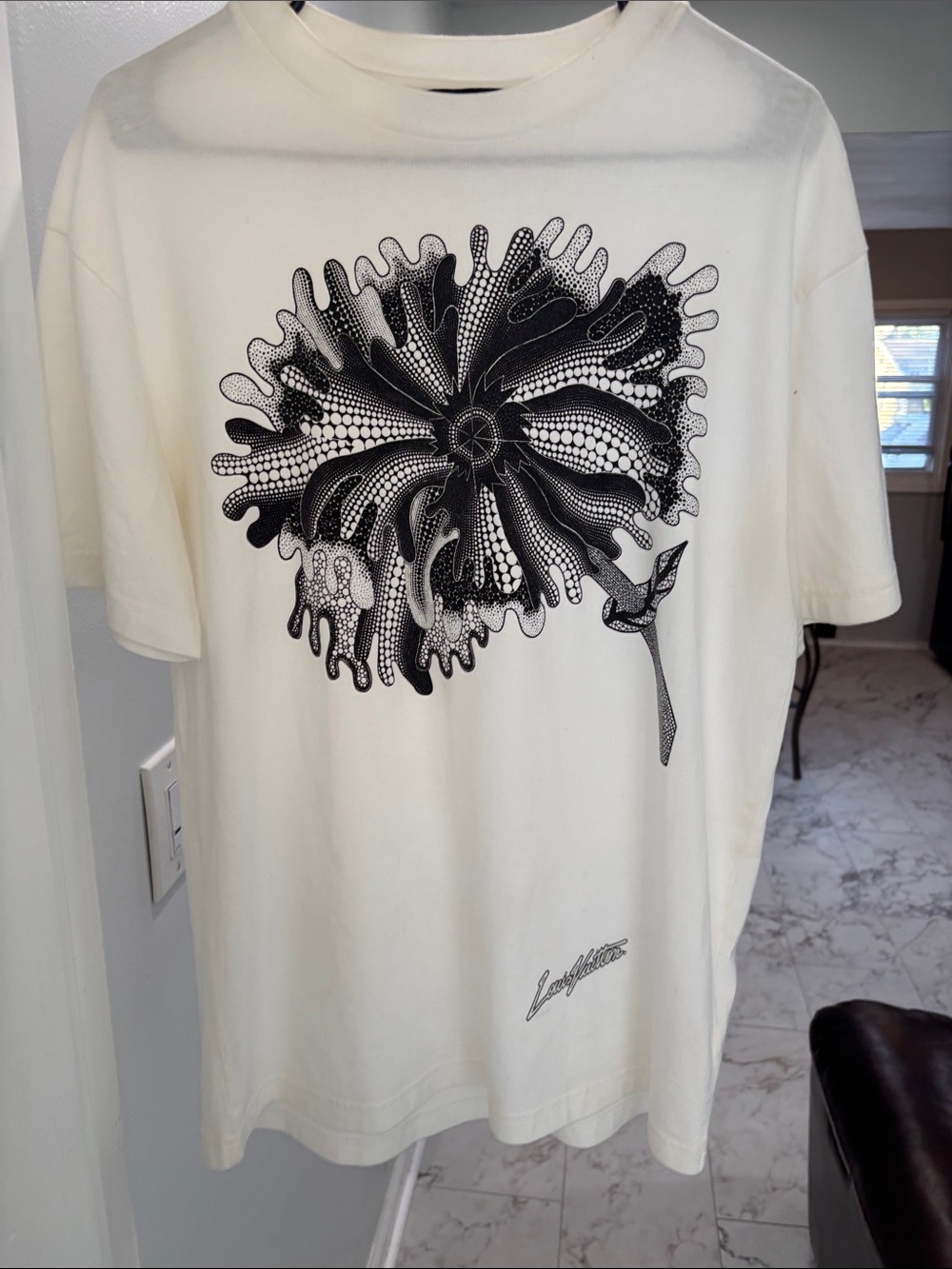 Louis Vuitton Cream Short-Sleeve Tee with Black Floral Graphic